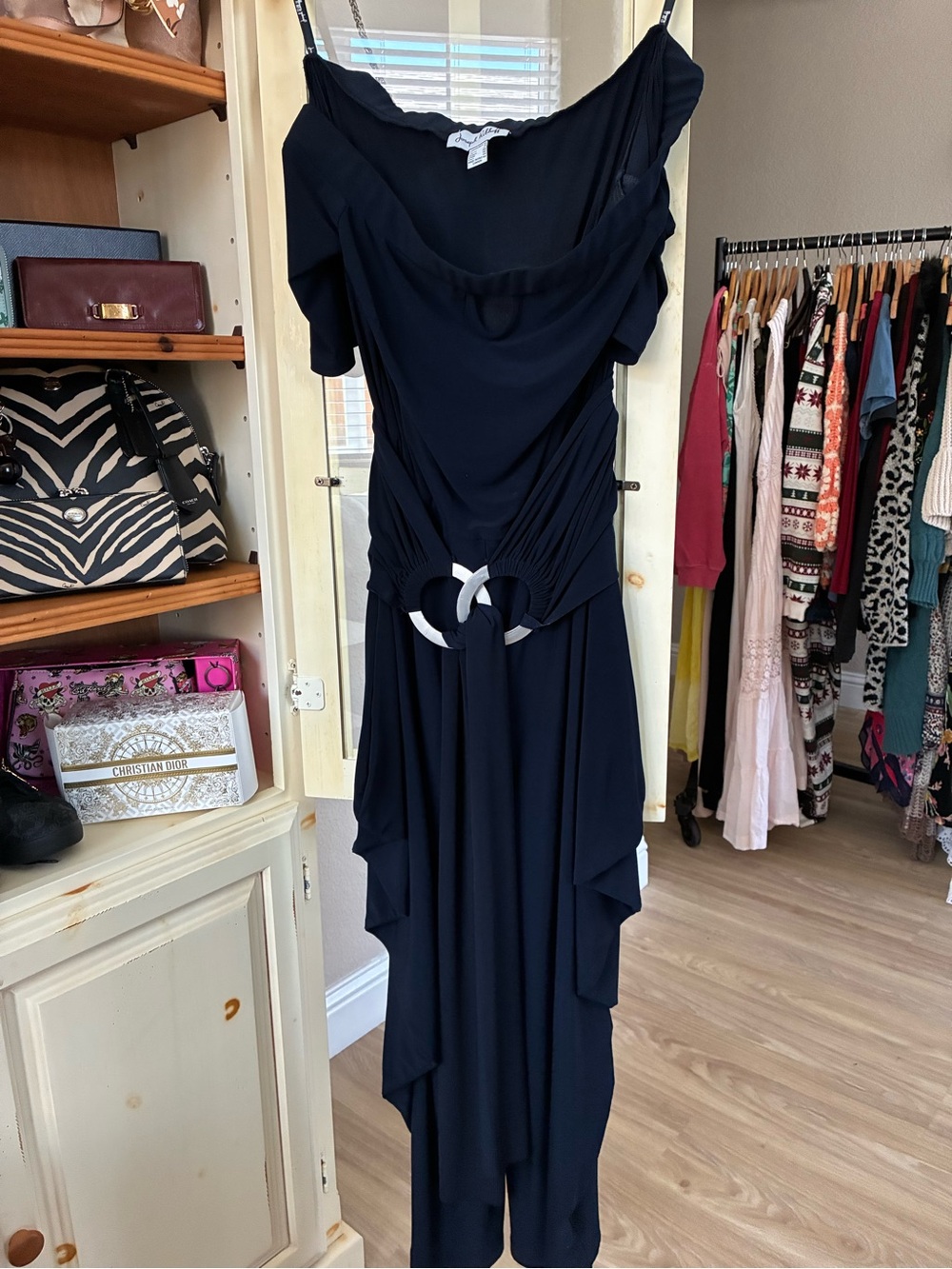 Joseph Ribkoff One-Shoulder Navy Draped Evening Dress